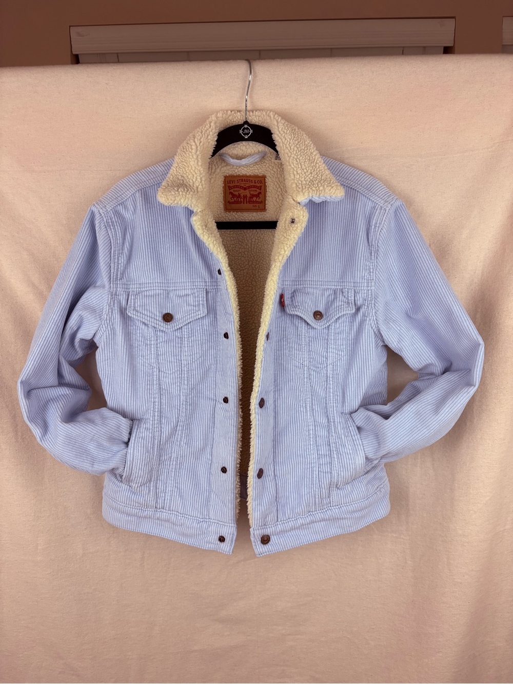 Levi's Women's Light Blue Corduroy Sherpa Trucker Jacket with Cream Lining